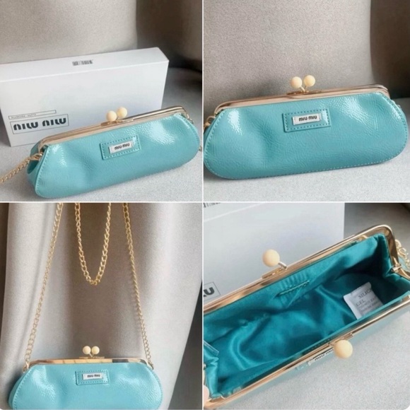 Miu Miu Parfums Collection Tiffany Blue Clutch Gold Kiss-lock Patent Finish - Picture 2 of 5